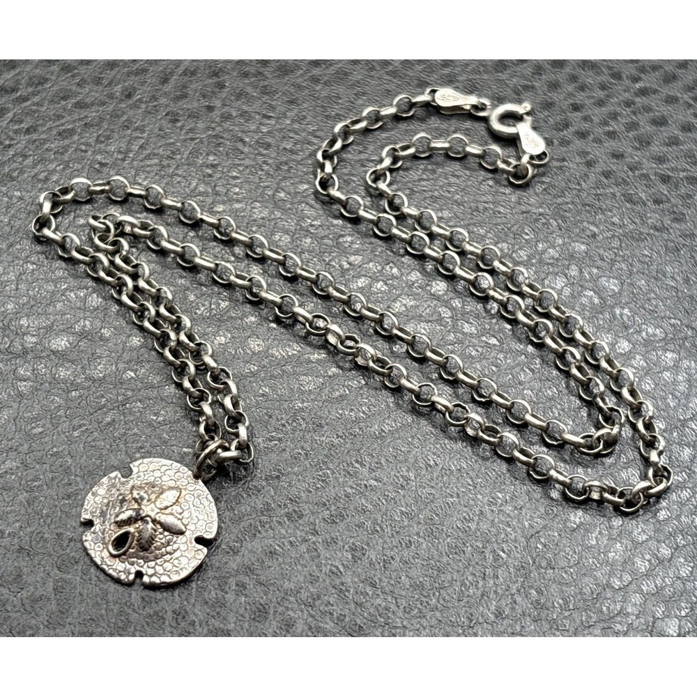 Vintage Sterling Silver Sand Dollar Pendant Rolo Chain Necklace Beach Sea Boho